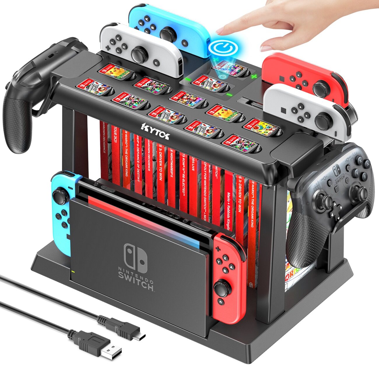For Switch Joycon Charger 16 PCS Game Disc Card Storage+12 Slots Game Card Storage,2 Pro Controller Holder for Nintendo Switch OLED Charging Dock Station with Cable