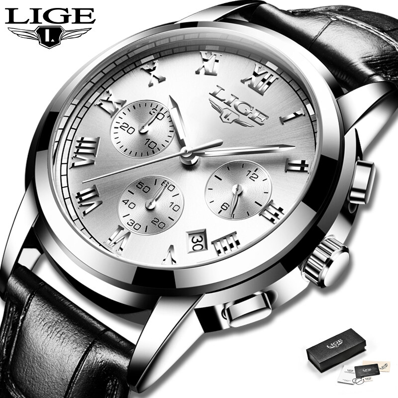 LIGE Fashion Sports Watch for Men Leather Waterproof Chronograph Luminous Pointer Wrist Watch