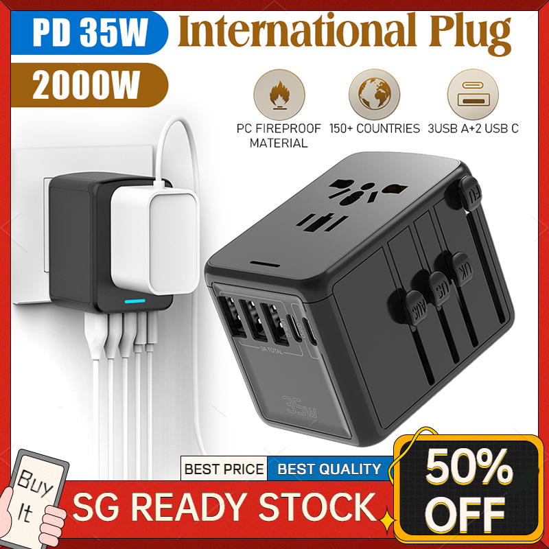Universal Travel Plug Adapter Charger PD35W Fast Charging 3 USB PORT + 2 TYPE C PORT - US/UK/AU/EU Port Wall Charger