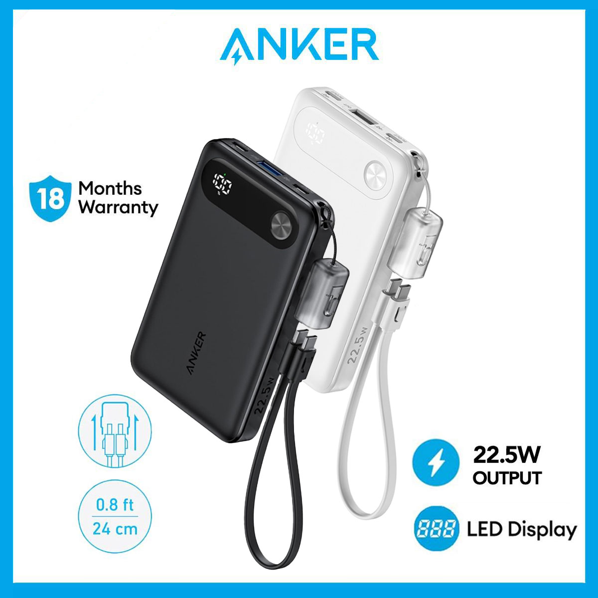 Anker Powercore Fast Charging PowerBank 10000mAh Power Bank Portable Charger USB-C Cable Lanyard 22.5W Max Output Fast Charge USB-C USB-A Port A1257