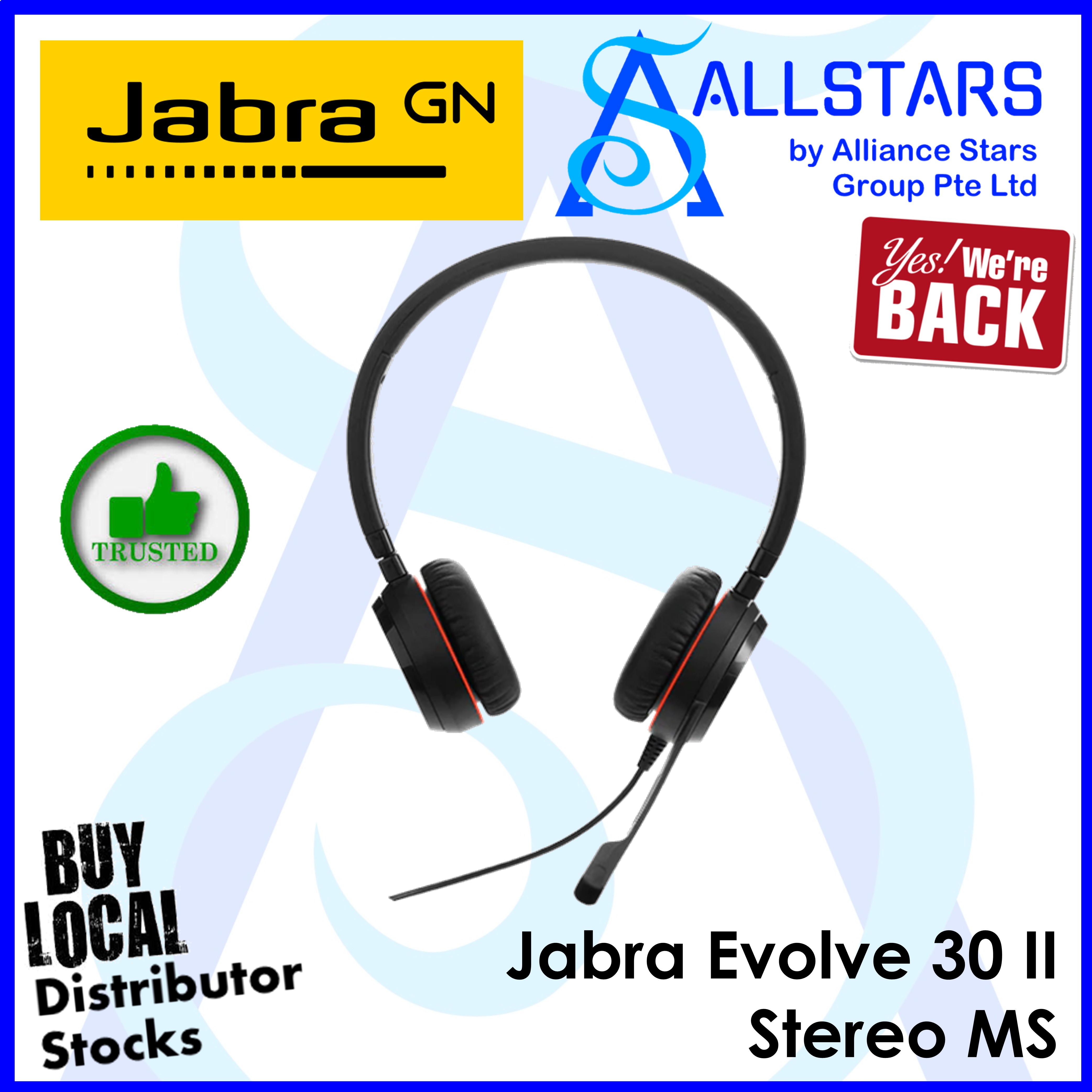 (ALLSTARS : We are Back Promo) Jabra Evolve 30 II Stereo MS (5399-823-309) USB Headphone / Certified for Skype for Business, Certified for Microsoft Teams (Warranty 2years with Jabra.sg)