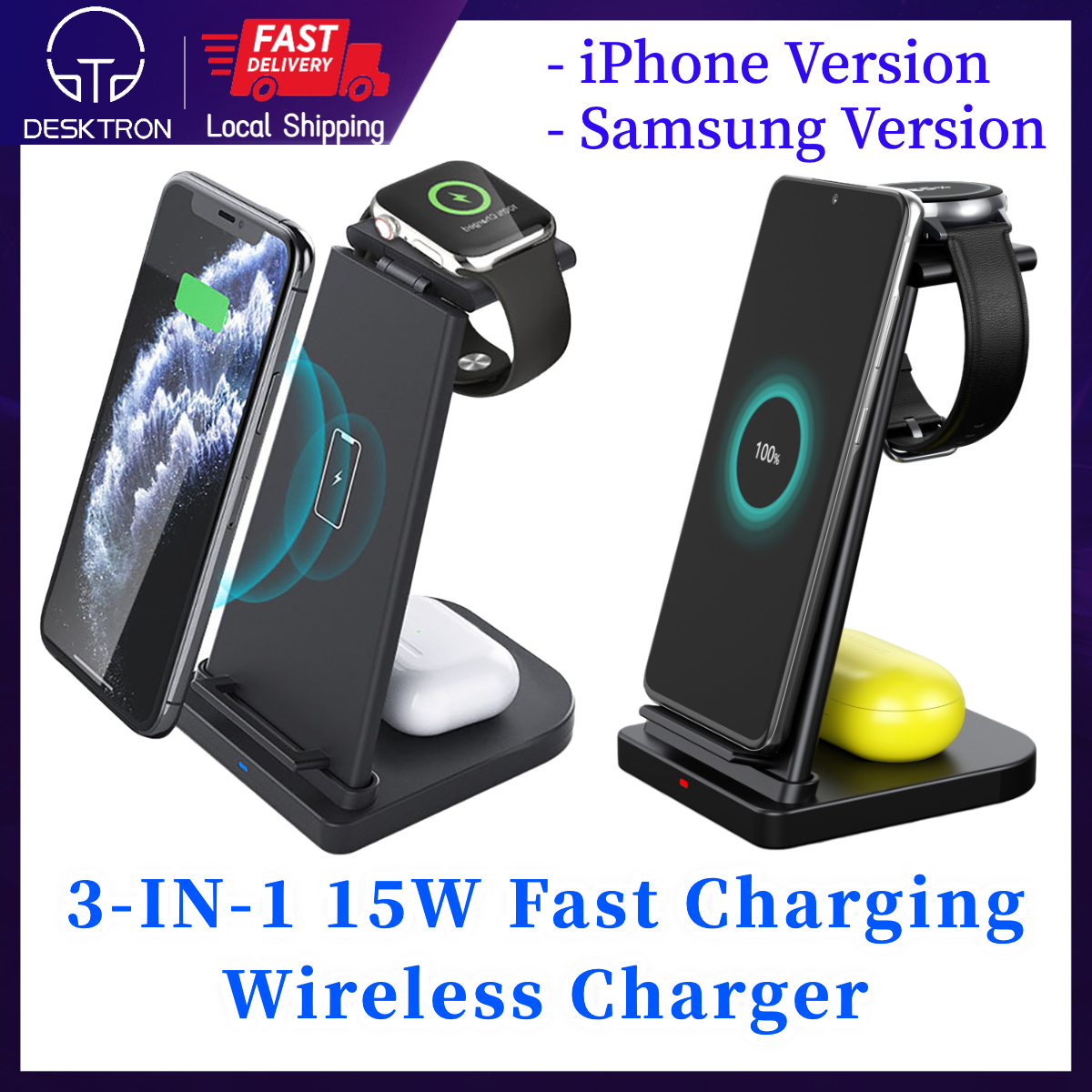 DESKTRON 3-IN-1 QI 15W Phone Wireless Charging Dock, Fast Charging Charger Station for iPhone iWatch Airpods Samsung Samsung Watch Earbuds and Wireless Phone XiaoMi, HuaWei, Oppo etc