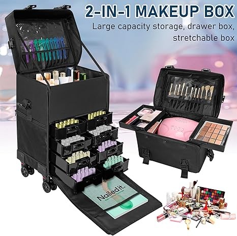 2in1 Makeup Travel Case, Makeup Rolling Case with Wheels, Makeup Artist Cosmetic Organize Travel Cosmetology Train Case